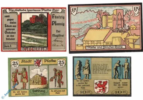 Notgeld Plathe , Set mit 4 Scheinen , Mehl Grabowski 1060.1 , Pommern Serien Notgeld