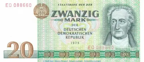 Banknote , 20 Mark Schein in kfr. DDR-24.a, Ros.362, P.29 von 1975 , DDR Staatsbank