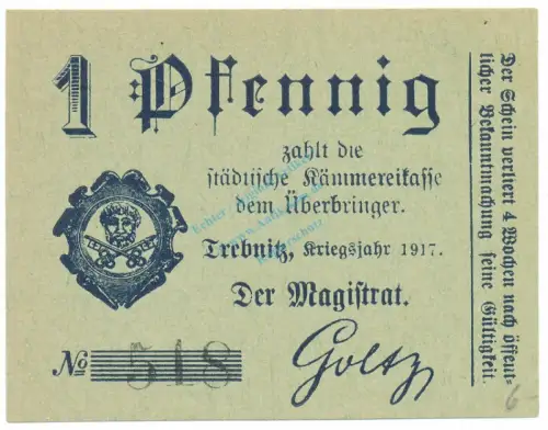 Trebnitz , Notgeld 1 Pfennig Schein unc-kfr. Ti.7400.15.05 , Schlesien 1917 Verkehrsausgabe