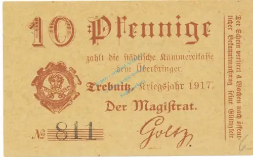 Trebnitz , Notgeld 10 Pfennig Schein unc-kfr. Ti.7400.15.07 , Schlesien 1917 Verkehrsausgabe