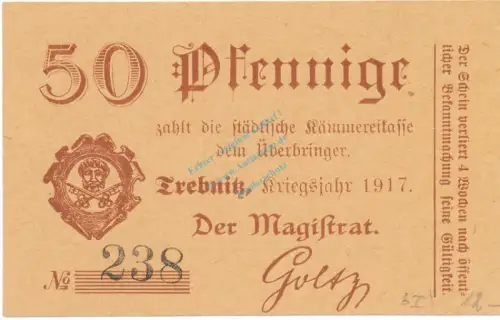 Trebnitz , Notgeld 50 Pfennig Schein unc-kfr. Ti.7400.15.08 , Schlesien 1917 Verkehrsausgabe