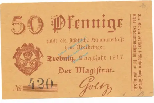 Trebnitz , Notgeld 50 Pfennig Schein unc-kfr. Ti.7400.15.08 , Schlesien 1917 Verkehrsausgabe
