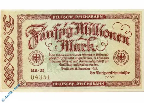 Banknote Reichsbahn , 50 Millionen Mark Schein in kfr. RVM-6.c-d, S.1016 von 1923 , Inflation deutsche Reichsbahn