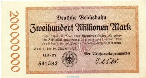 Banknote Reichsbahn , 200 Millionen Mark Schein in kfr. RVM-8 , S.1018 , von 1923 , deutsche Reichsbahn - Inflation