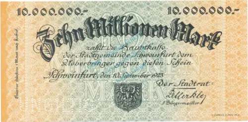 Schweinfurt , Banknote 10 Millionen Mark -MUSTER- unc-kfr. Keller 5092... Bayern 1923 Inflation