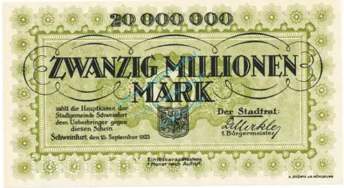 Schweinfurt , Banknote 20 Millionen Mark -MUSTER- unc-kfr. Keller 5092... Bayern 1923 Inflation