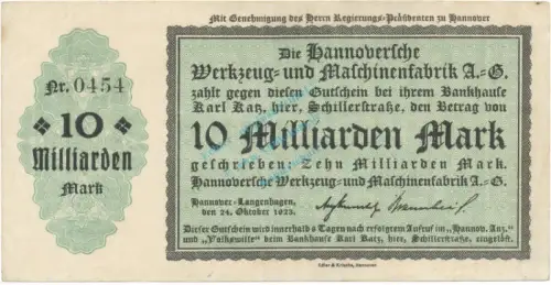 Hannover , Banknote 10 Milliarden Mark Schein gbr. Keller 2181.b , Niedersachsen 1923 Inflation