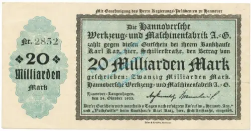 Hannover , Banknote 20 Milliarden Mark Schein L-gbr. Keller 2181.b , Niedersachsen 1923 Inflation