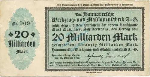 Hannover , Banknote 20 Milliarden Mark Schein gbr. Keller 2181.b , Niedersachsen 1923 Inflation