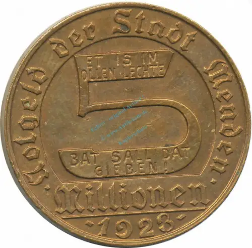 Menden , Notgeld Münze 5 Millionen Mark ss-vz. Westfalen 1923 Inflation 0077