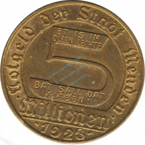 Menden , Notgeld Münze 5 Millionen Mark ss-vz. Westfalen 1923 Inflation 0078
