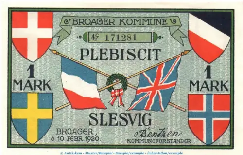 Notgeld Gemeinde Broacker 188.3 , 1 Mark Schein in kfr. von 1920 , dänisch Nordschleswig Seriennotgeld
