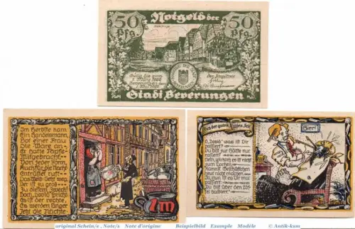 Notgeld Beverungen , Set mit 3 Scheinen oliv in kfr. Mehl Grabowski 99.3 , von 1921 , Westfalen Seriennotgeld
