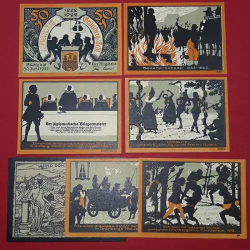 Notgeld Stadt Grünberg , Schlesien , Polen Zielona Gora , 700 Jahrfeier , kompletter Satz mit 7 Scheinen in kassenfrischer Erhaltung , Seriennotgeld , 489.5