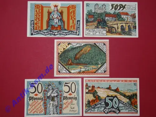 Notgeld Wartha , Stadt , Schlesien , Polen Bardo , vollständiger Satz mit 5 Scheinen , Seriennotgeld , 1381.1 , von 1921