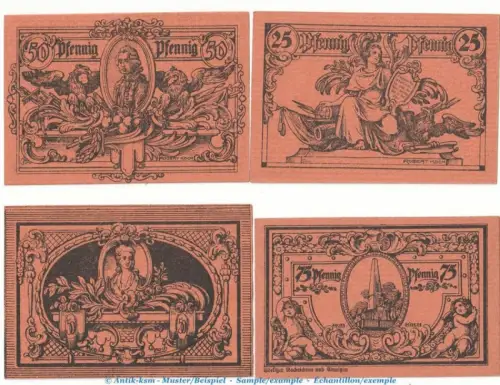 Notgeld Stadt Rheinsberg 1120.2 , Set mit 4 Scheinen in kfr. o.D. Brandenburg Seriennotgeld