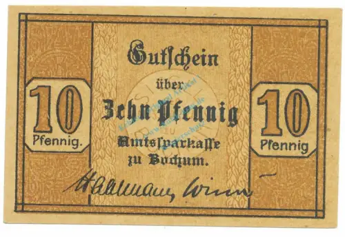 Bochum , Notgeld 10 Pfennig Schein unc-kfr. Ti.0790.05.01 , Westfalen 1917 Verkehrsausgabe
