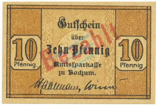 Bochum , Notgeld 10 Pfennig Schein unc-kfr.bez. Ti.0790.05.... Westfalen 1917 Verkehrsausgabe