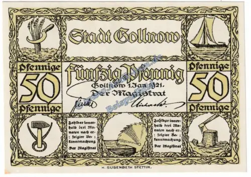 Gollnow , Notgeld 50 Pfennig Schein -grün- in kfr. M-G 453.1.b-c , Pommern 1921 Seriennotgeld
