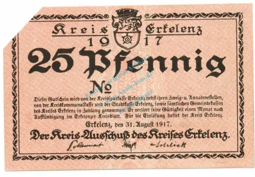 Erkelenz , Notgeld 50 Pfennig -MUSTER- unc-kfr.E Tieste 1765.05.... Rheinland 1917 Verkehrsausgabe