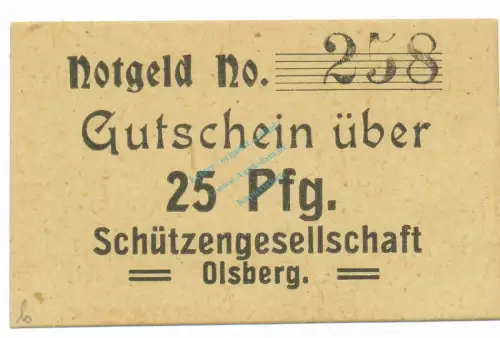 Olsberg , Notgeld 25 Pfennig Schein unc-kfr. Tieste 5385.05.05 , Westfalen o.D. Verkehrsausgabe