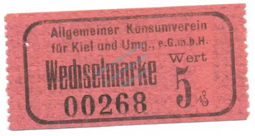 Kiel , Notgeld 5 Pfennig Schein F-kfr. Tieste 3470.05.11 , Schleswig o.D. Verkehrsausgabe