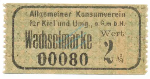 Kiel , Notgeld 2 Pfennig Schein unc-kfr. Tieste 3470.05.02 , Schleswig o.D. Verkehrsausgabe