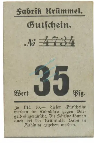 Krümmel , Notgeld 35 Pfennig Schein unc-kfr. Tieste 3740.05.07 , Schleswig o.D. Verkehrsausgabe