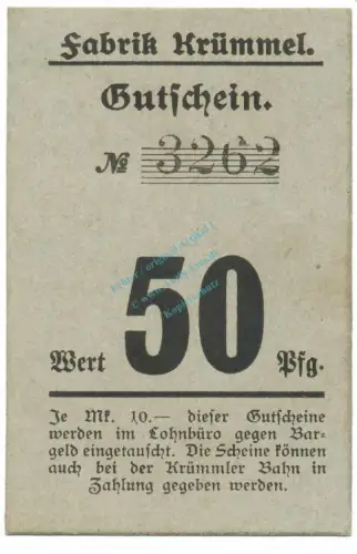 Krümmel , Notgeld 50 Pfennig Schein unc-kfr. Tieste 3740.05.10 , Schleswig o.D. Verkehrsausgabe