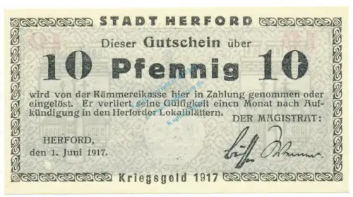 Herford , Notgeld 10 Pfennig Schein unc-kfr. Tieste 2945.05.02 , Westfalen 1917 Verkehrsausgabe