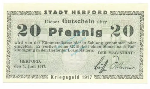 Herford , Notgeld 20 Pfennig Schein unc-kfr. Tieste 2945.05.03 , Westfalen 1917 Verkehrsausgabe