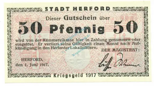 Herford , Notgeld 50 Pfennig Schein unc-kfr. Tieste 2945.05.04 , Westfalen 1917 Verkehrsausgabe