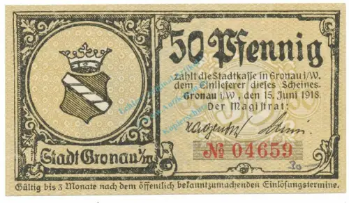 Gronau , Notgeld 50 Pfennig Schein unc-kfr. Tieste 2495.05.01 , Westfalen 1918 Verkehrsausgabe