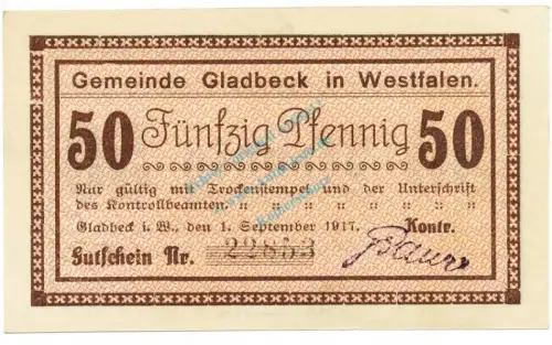 Gladbeck , Notgeld 50 Pfennig Schein unc-kfr. Tieste 2240.05.35 , Westfalen 1917 Verkehrsausgabe