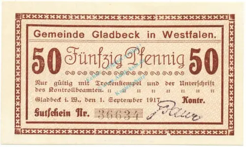 Gladbeck , Notgeld 50 Pfennig Schein unc-kfr. Tieste 2240.05.40 , Westfalen 1917 Verkehrsausgabe