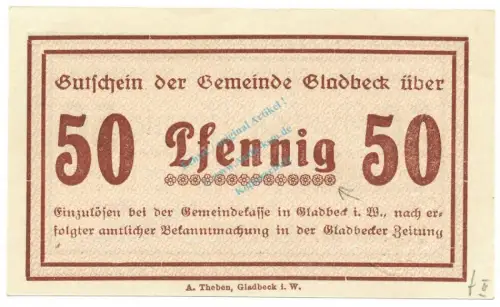 Gladbeck , Notgeld 50 Pfennig Schein unc-kfr. Tieste 2240.05.40 , Westfalen 1917 Verkehrsausgabe