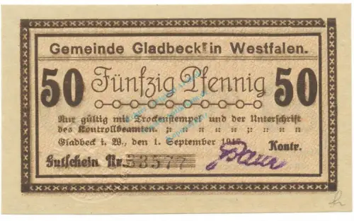 Gladbeck , Notgeld 50 Pfennig Schein unc-kfr. Tieste 2240.05.55 , Westfalen 1917 Verkehrsausgabe