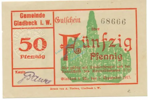Gladbeck , Notgeld 50 Pfennig Schein unc-kfr. Tieste 2240.05.30 , Westfalen 1917 Verkehrsausgabe
