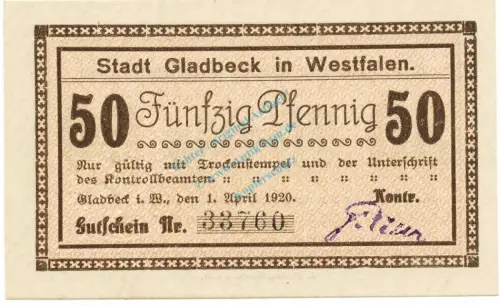 Gladbeck , Notgeld 50 Pfennig Schein unc-kfr. Tieste 2240.05.85 , Westfalen 1920 Verkehrsausgabe