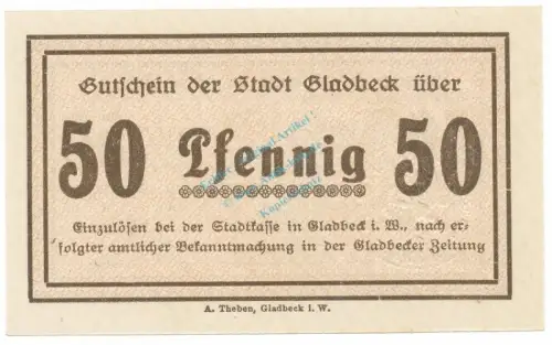 Gladbeck , Notgeld 50 Pfennig Schein unc-kfr. Tieste 2240.05.85 , Westfalen 1920 Verkehrsausgabe