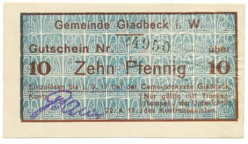Gladbeck , Notgeld 10 Pfennig Schein unc-kfr.E Tieste 2240.05.01 , Westfalen 1917 Verkehrsausgabe