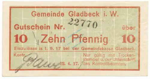 Gladbeck , Notgeld 10 Pfennig -Fehldruck- unc-kfr.E Tieste 2240.05....  Westfalen 1917 Verkehrsausgabe
