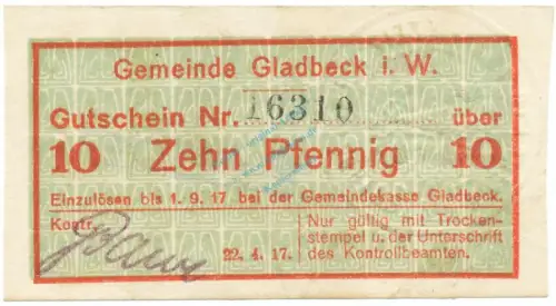 Gladbeck , Notgeld 10 Pfennig Schein gbr.E Tieste 2240.05.05 , Westfalen 1917 Verkehrsausgabe