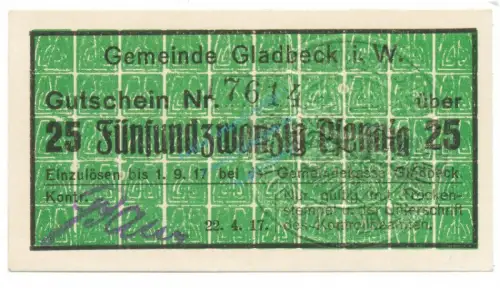 Gladbeck , Notgeld 25 Pfennig Schein unc-kfr.E Tieste 2240.05.06 , Westfalen 1917 Verkehrsausgabe
