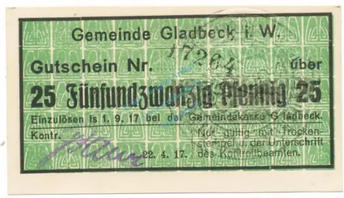 Gladbeck , Notgeld 25 Pfennig -Fehldruck- unc-kfr.E Tieste 2240.05.06.3 , Westfalen 1917 Verkehrsausgabe