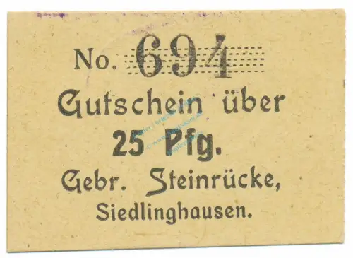 Siedlinghausen , Notgeld 25 Pfennig Schein unc-kfr. Tieste 6880.25.15 , Westfalen o.D. Verkehrsausgabe