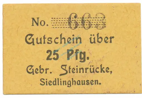 Siedlinghausen , Notgeld 25 Pfennig Schein unc-kfr. Tieste 6880.25.20 , Westfalen o.D. Verkehrsausgabe