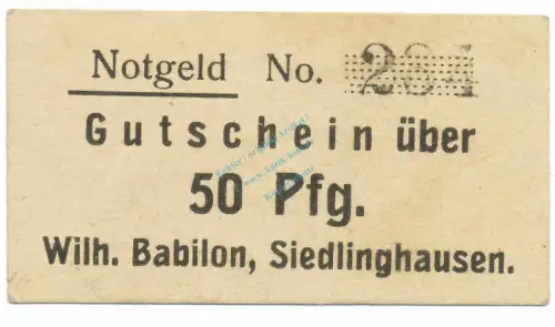 Siedlinghausen , Notgeld 50 Pfennig Schein unc-kfr. Tieste 6880.05.04 , Westfalen o.D. Verkehrsausgabe
