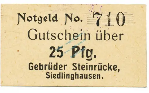 Siedlinghausen , Notgeld 25 Pfennig Schein unc-kfr. Tieste 6880.25.40 , Westfalen o.D. Verkehrsausgabe