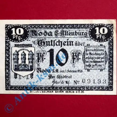 Notgeld Roda , Einzelschein über 10 Pfennig , Tieste 6085.01 , von 1918 , Thüringen kassenfrisch